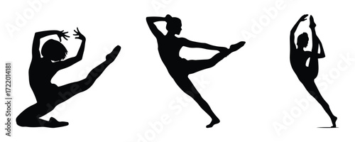 Three elegant dance silhouette poses showing flexibility, balance and graceful movement.