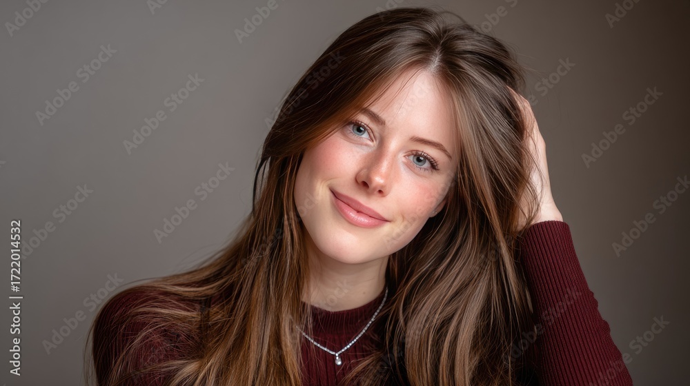 Fototapeta premium A woman with curly hair in a burgundy sweater softly lit, gently resting her hand on her stomach