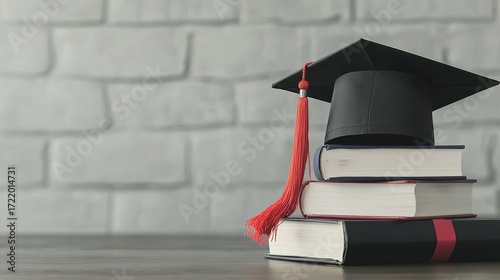Graduation cap and diploma mockup, stacked books, academic success, 
