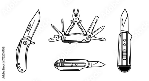 Detailed illustration of various folding pocket knives and multi-tools in monochrome