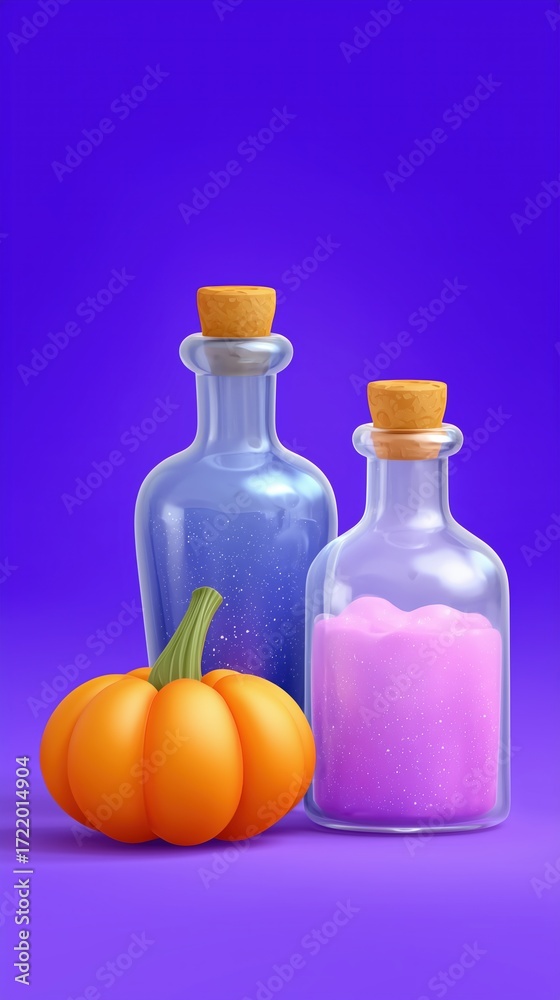 Obraz premium Colorful Potion Bottles with Pumpkin Decor