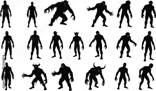 Dark monster silhouettes, scary creature figures, horror fantasy characters, mythical beasts, spooky humanoid shapes, demon shadows, gothic nightmare art design