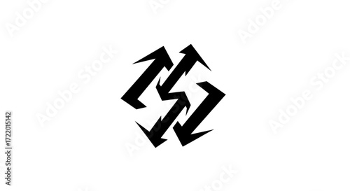 Vector silhouette of a futuristic cyberpunk logo with interlocked angular arrows on white background.