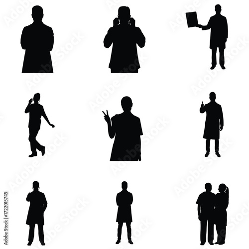 Collection of medical professional silhouettes in various poses showcasing healthcare workers in action and interaction isolated on white