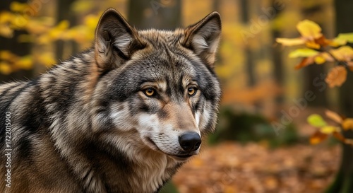 Close Up of a Gray Wolf in Autumn Forest.