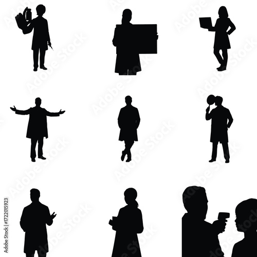 Silhouettes of medical professionals in various poses showcasing healthcare workers and their roles in medicine and patient care services