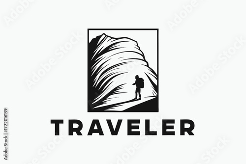 Black Silhouette Traveler Hiking in Mountain in on White Background