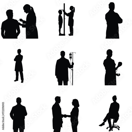 Black silhouettes showcase medical professionals performing various healthcare activities in a clinical setting offering diverse medical services