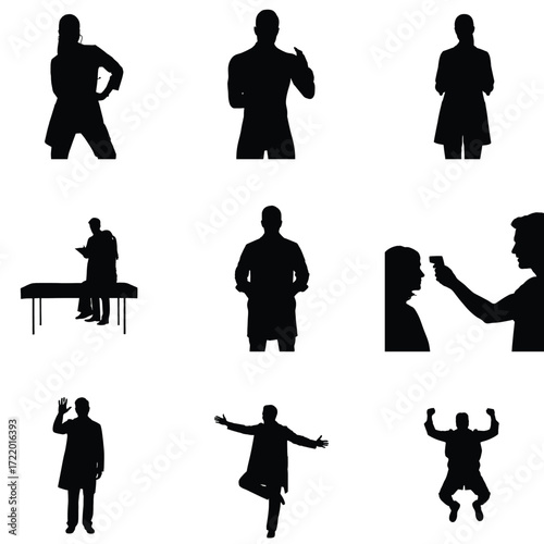 Diverse silhouettes of medical professionals and people in various poses against a white background showcasing healthcare and wellness concepts