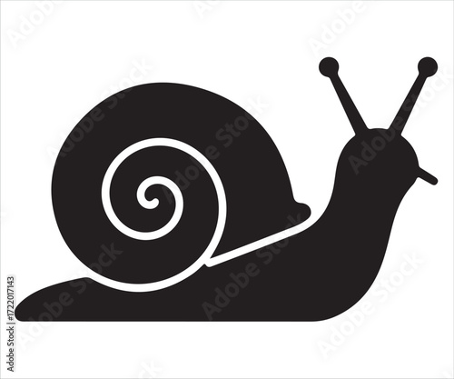 Snail silhouette illustration, black vector icon of slow moving mollusk with spiral shell, simple animal design for nature, biology, wildlife, and educational concepts isolated on white