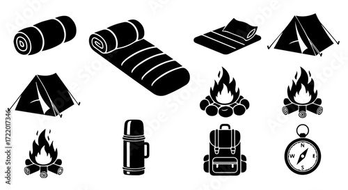 A collection of monochrome vector icons representing camping, hiking, and outdoor survival equipment