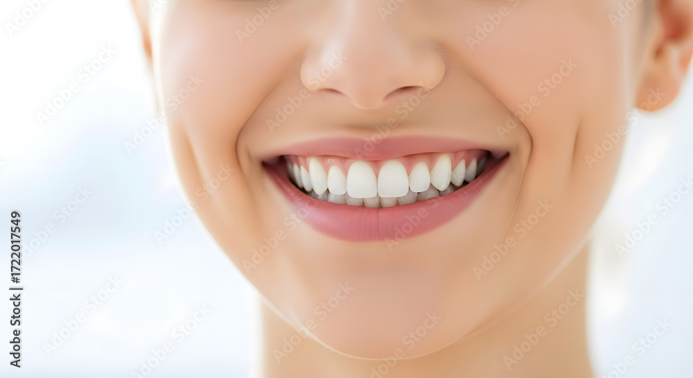 Fototapeta premium Close-up of a young woman smiling with perfect white teeth, bright natural light, isolated background, professional dental care concept, clean aesthetic.