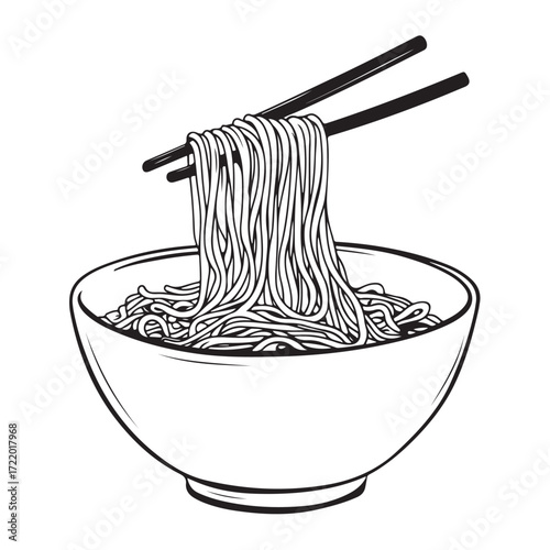 coloring pages for children 4-6 years old depicting kawaii Noodles with space for text Black and white children's style, clean and simple lines, no shading