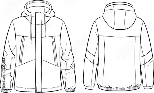 Technical flat sketch hooded jacket front back view, zipper pockets, drawstring hood, elastic cuffs hem, fashion apparel design illustration