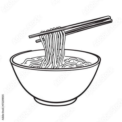 coloring pages for children 4-6 years old depicting kawaii Noodles with space for text Black and white children's style, clean and simple lines, no shading