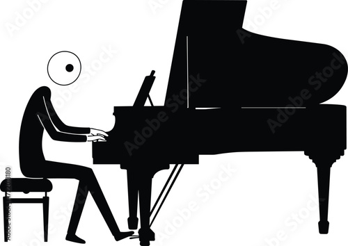 Minimalist piano player illustration, abstract pianist artwork, black and white grand piano drawing, modern music performance design, creative musician silhouette vector