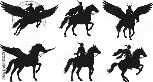 Winged horse silhouettes, mythical riders, fantasy warrior art, Pegasus illustration, medieval battle scene, heroic equestrian design, legendary creature vector graphic