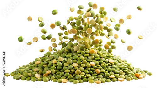A large pile of dried green split peas with many peas falling from above isolated on transparent background