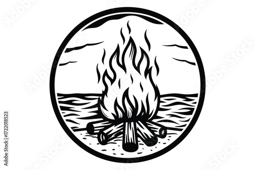Bonfire Flames With Wood Logs in Circle Shape on White Background