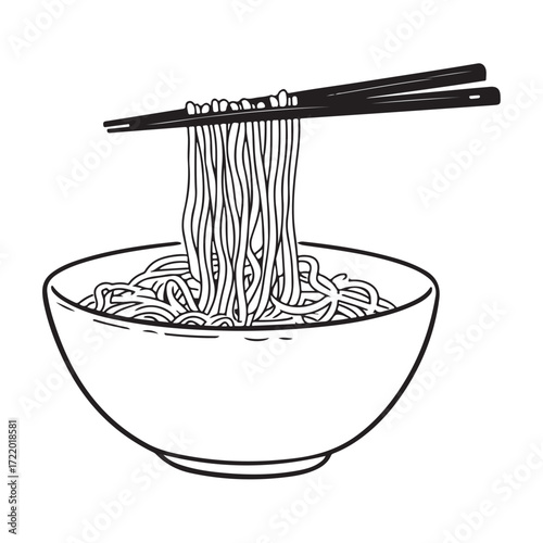 coloring pages for children 4-6 years old depicting kawaii Noodles with space for text Black and white children's style, clean and simple lines, no shading