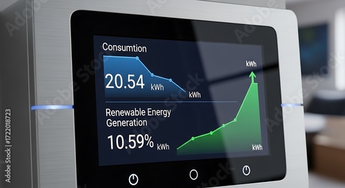 Modern smart home energy monitor displaying consumption and renewable generation data on screen
