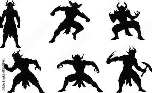 Dark demon silhouettes, fantasy monster characters, horror creature designs, evil humanoid figures, shadow art, mythical beasts, villain concept illustration, nightmarish forms