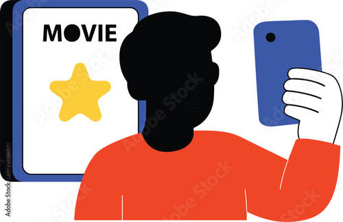 Person holding phone next to movie poster