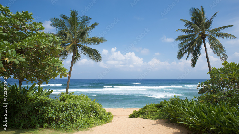 Fototapeta premium Beach Path with Palm Trees and Ocean View