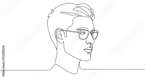 Outline drawing of young man in glasses in minimalist style with copy space