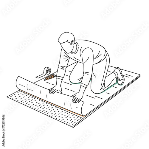 Man installing floor insulation underlayment