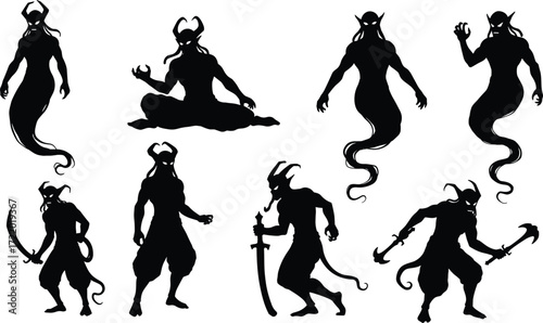 Black demon silhouettes, fantasy djinn spirits, horned mythical creatures, ghostly genie forms, weapon‑wielding monsters, dark evil beings, occult shadow figures art