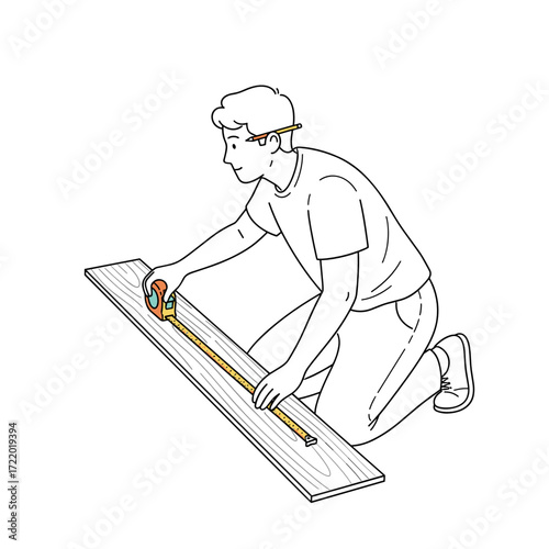 Man measuring a laminate plank with a tape measure