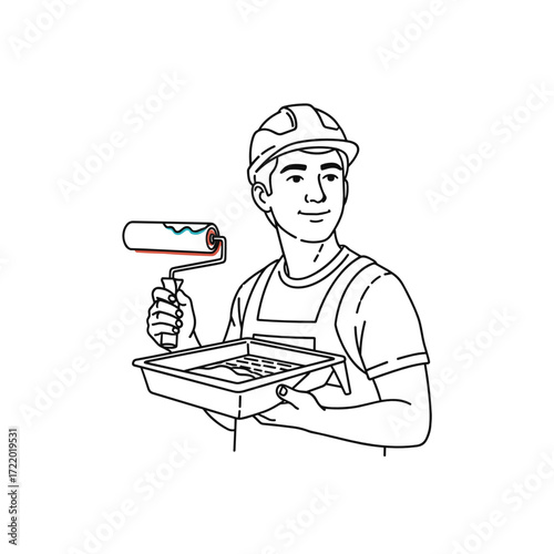Construction worker holding a paint tray and roller