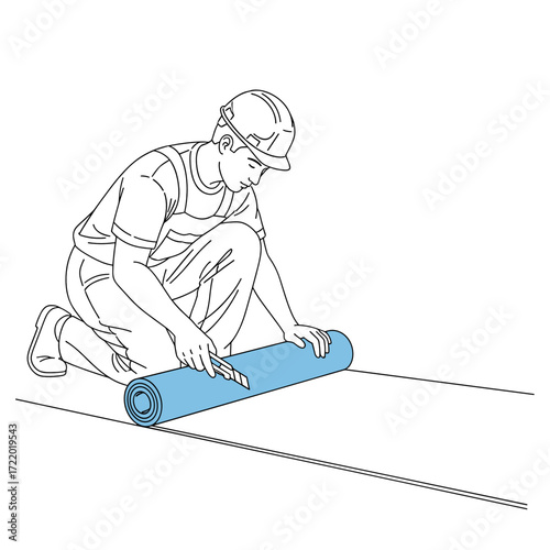 Construction worker installing floor underlayment
