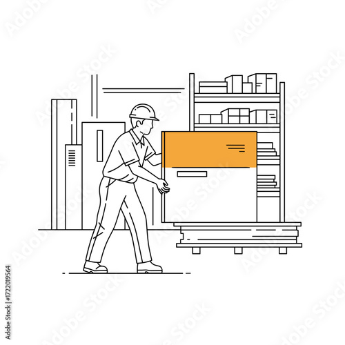 Construction worker placing a panel in a warehouse