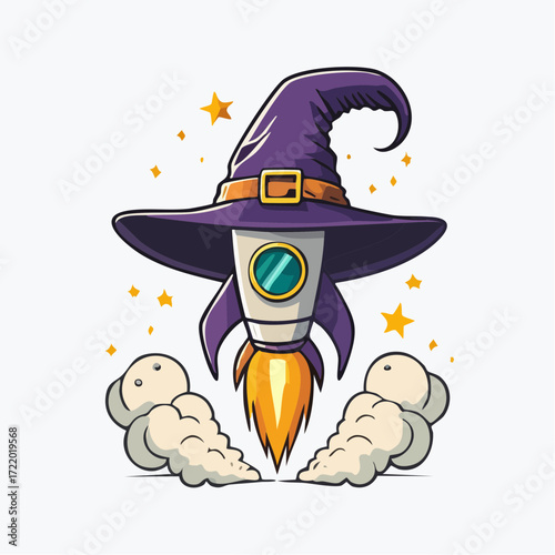 Whimsical Rocket Adventure: A fantastical illustration of a rocket ship, adorned with a witch's hat, blasting off amidst a trail of stylized smoke and twinkling stars, a blend of magic and technology.
