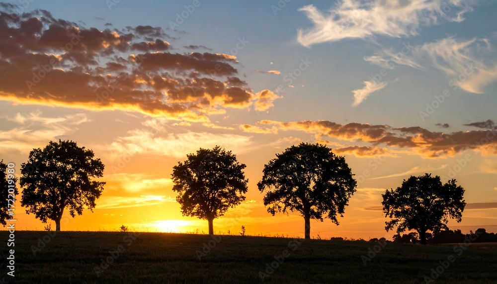 Obraz premium Silhouetted trees at sunset over a field