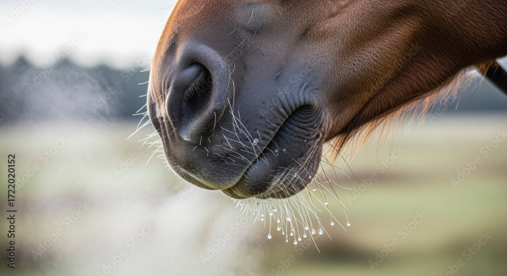 Naklejka premium Close-up of horse muzzle with breath vapor in nature. capturing natural textures and details in candid animal photography for poster design.