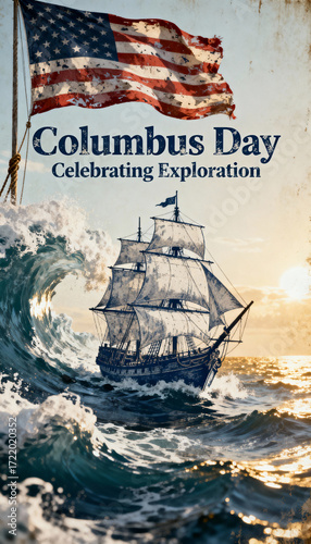 Columbus day celebration with american flag and ship sailing through ocean waves at sunset scene art
