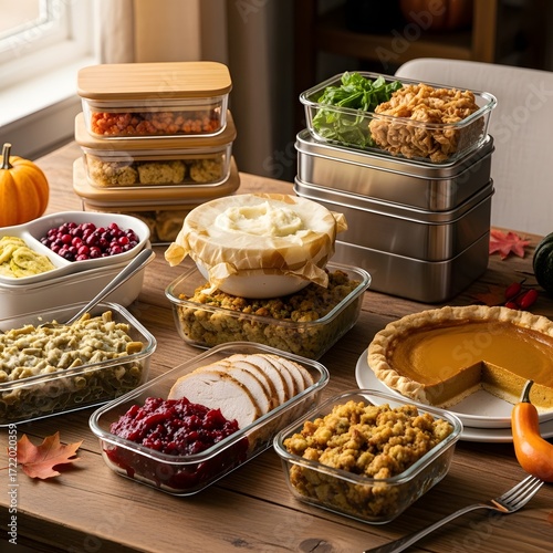Thanksgiving leftovers in containers on a wooden table with fall decorations