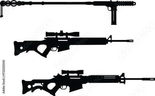 Silhouette firearms, tactical rifles, vintage rifle, modern weapons, military equipment, long barrel gun, scoped rifle, assault rifle, firearm design, defense gear