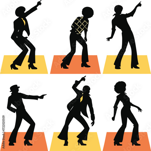 Six disco dancers in silhouette on colored squares