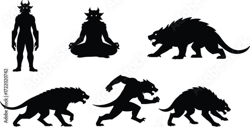 Horned humanoid silhouette, meditating demon figure, spiked beast creature, werewolf running pose, fantasy monster evolution, dark shadow art, mythical transformation design