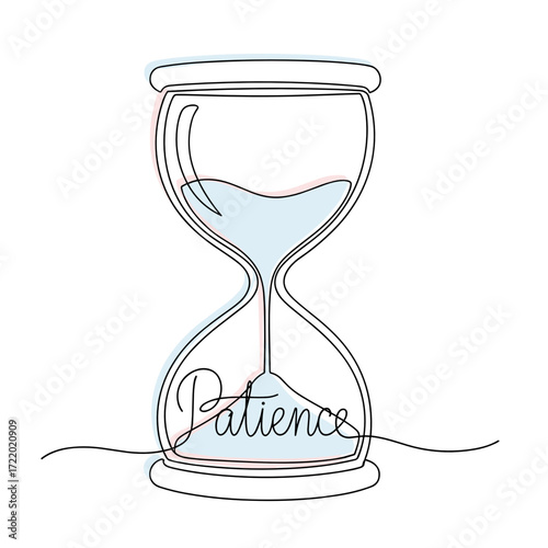 Hourglass illustration with the word "Patience" in flowing script