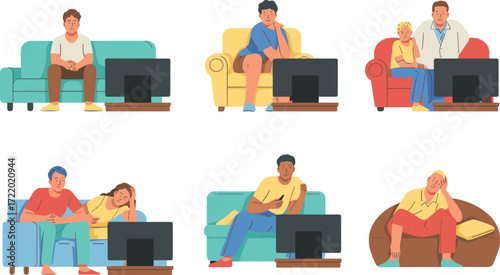 People sitting on sofas and chairs watching television at home, family and couples enjoying leisure time together, relaxing, entertainment, lifestyle illustration vector