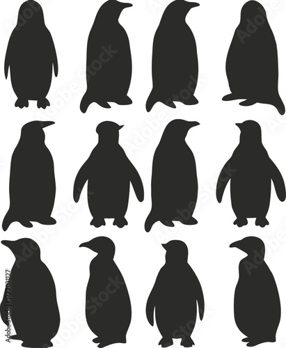 Twelve Dark Penguin Silhouettes on White Background