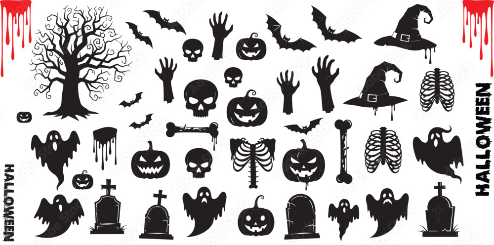 Naklejka premium lack Set of Halloween Vector Icons Collection with Spooky Ghosts, Pumpkins, Bats, Haunted Trees, and Creepy Symbols for Horror Night Design