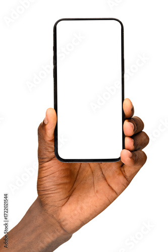 Hand holding a modern smartphone with a blank white screen, isolated against a plain background.
