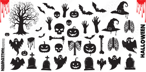 lack Set of Halloween Vector Icons Collection with Spooky Ghosts, Pumpkins, Bats, Haunted Trees, and Creepy Symbols for Horror Night Design