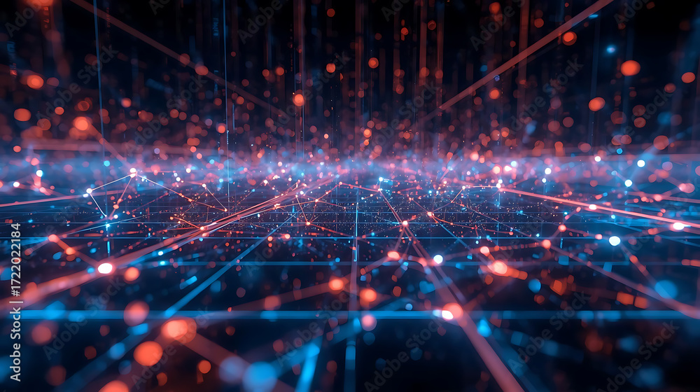 Fototapeta premium Abstract technology glowing with symmetrical light patterns on a digital cyberspace backdrop